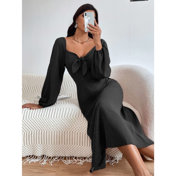 Polka Dot Print Knot Front Lantern long sleeve midi Dress rust brown - Picture 4 of 8